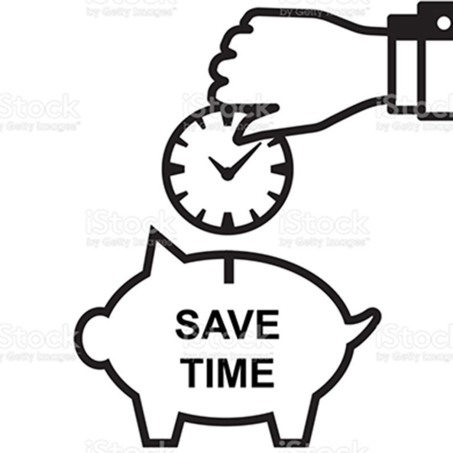 Save time and money icon. Hand holding a clock over the piggy bank.
